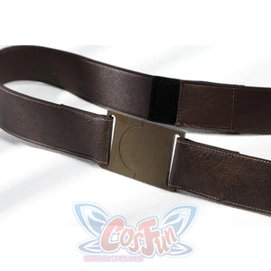 Close-up of Lara cosplay brown belt with rectangular metallic buckle plate and matching strap