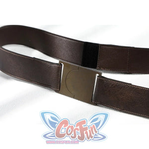 Close-up of Lara cosplay brown belt with rectangular metallic buckle plate and matching strap