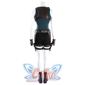 Back view of Lara cosplay costume with teal tank top, brown shoulder straps, black shorts, belt, and boots