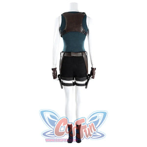 Back view of Lara cosplay costume with brown back harness, teal top, black shorts, belt, and dark boots