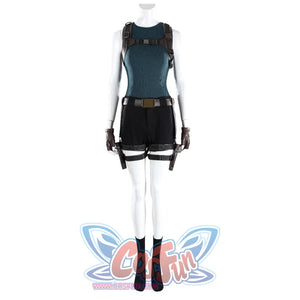 Front view of Lara cosplay costume with teal top, black shorts, brown harness straps, gloves, and boots