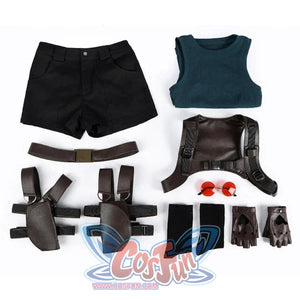 Flat lay of Lara cosplay costume set with teal top, black shorts, straps, belt, gloves, glasses, and boots