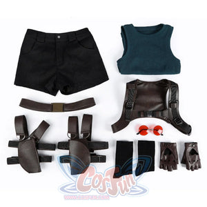 Flat lay of Lara cosplay costume set with teal top, black shorts, straps, belt, gloves, glasses, and boots