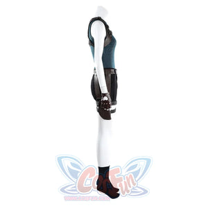 Side view of Lara cosplay costume with teal tank top, black shorts, brown harness straps, gloves, and boots
