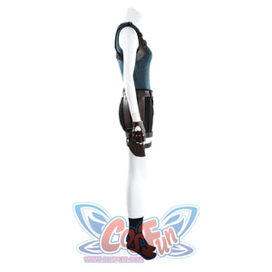Side view of Lara cosplay costume with teal tank top, black shorts, brown harness straps, gloves, and boots