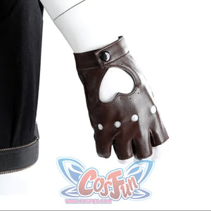 Close-up of Lara cosplay fingerless glove with brown wrist strap, cutout back, and metal studs
