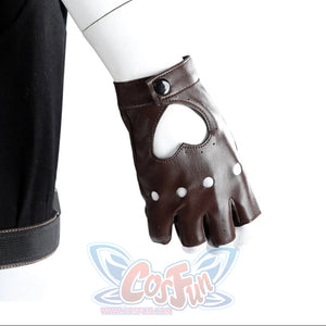 Close-up of Lara cosplay fingerless glove with brown wrist strap, cutout back, and metal studs