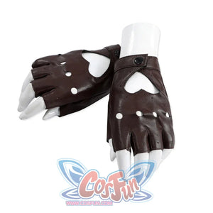 Flat lay of Lara cosplay fingerless gloves with brown wrist straps, cutout backs, and metal studs