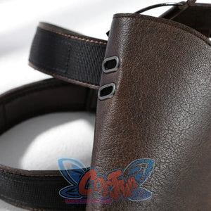 Close-up of Lara cosplay brown PU leather strap piece with black strap and small metal loops