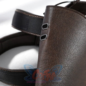 Close-up of Lara cosplay brown PU leather strap piece with black strap and small metal loops
