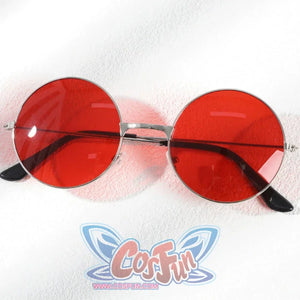 Flat lay of Lara cosplay round red-lens glasses with thin metal frame and black temple tips