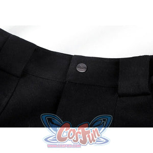 Close-up of Lara cosplay black shorts waistband with belt loops and a visible front button