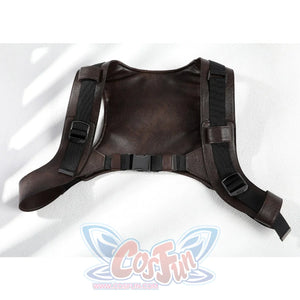 Flat lay of Lara cosplay brown shoulder harness with black adjustable straps and buckles