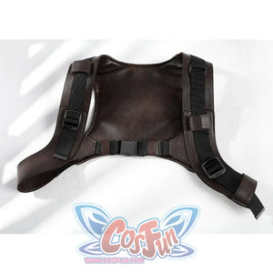 Flat lay of Lara cosplay brown shoulder harness with black adjustable straps and buckles