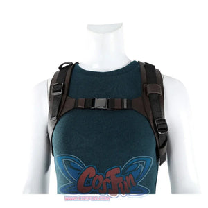 Close-up of Lara cosplay shoulder straps over a teal sleeveless top with black buckles