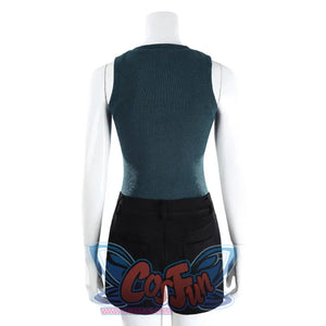 Back view of Lara cosplay base outfit with teal sleeveless top and black shorts on a mannequin