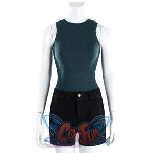 Front view of Lara cosplay base outfit with teal sleeveless tank top and black shorts on a mannequin
