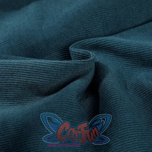 Close-up of Lara cosplay teal ribbed fabric folded to show texture and soft stretch