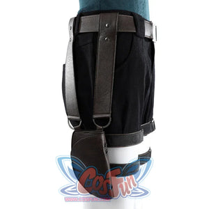 Side detail of Lara cosplay thigh strap and brown pouch beside black shorts and belt