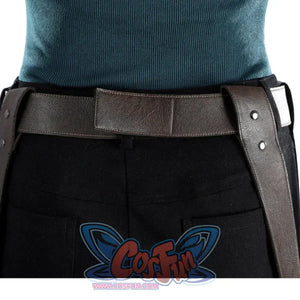 Close-up of Lara cosplay waist belt with black shorts, teal top hem, metal rivets, and side strap