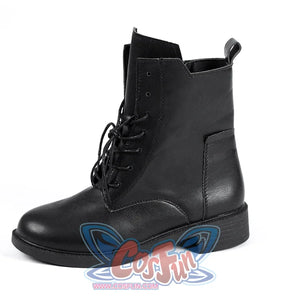 Side view of Lara cosplay costume from Tomb Raider boot with black laces, side stitching, rounded toe, and pull tab