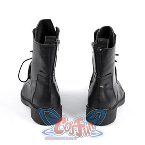 Back view of Lara cosplay costume from Tomb Raider black ankle boots with pull tabs, seams, and low heels