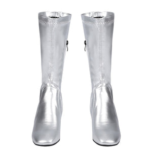 COSFUN Latverian Witch cosplay boots frame a tall silver-tone design crafted from shimmering faux leather with side zips.