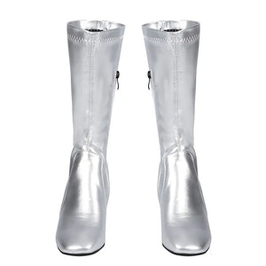 COSFUN Latverian Witch cosplay boots frame a tall silver-tone design crafted from shimmering faux leather with side zips.