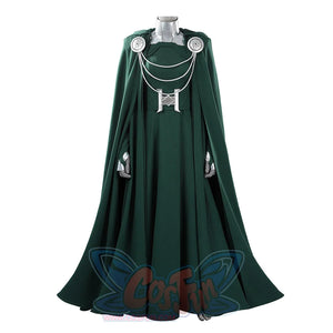 Latverian Witch cosplay costume layers a flowing green cloak over a fitted dress and detailed silver-tone collar accessories.