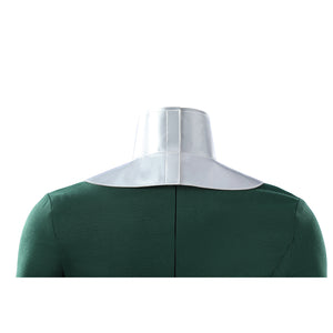 Latverian Witch cosplay costume frames the back neck area with a sleek metallic collar over the dark green dress fabric.