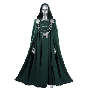 COSFUN Latverian Witch cosplay costume layers a green hooded cloak over a textured dress with metallic silver-tone accents.