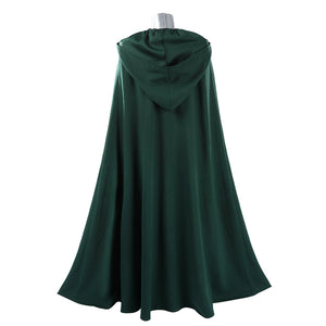 Latverian Witch cosplay costume frames the back silhouette with a deep green length hooded brushed twill cloak.