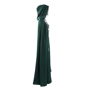 Latverian Witch cosplay costume centers green hooded cloak with collar and silver-tone necklace accessory.