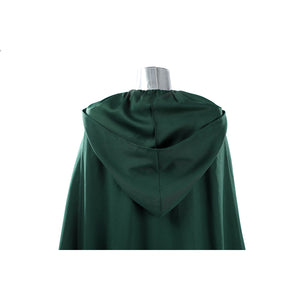Latverian Witch cosplay costume drapes a deep green brushed twill fabric hood over the shoulders in a flowing design.