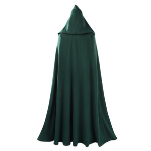 Latverian Witch cosplay costume drapes a long dark green hooded cloak that falls toward the in soft folded layers.