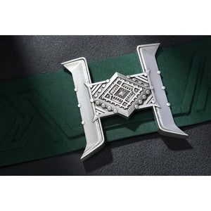 Latverian Witch cosplay costume centers an intricate silver-tone h-shaped buckle over a textured green waist cincher piece.
