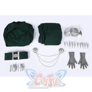 Latverian Witch cosplay costume centers green dress with cloak waist cincher collar silver-tone necklace claws and wrist.