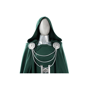 Latverian Witch cosplay costume frames the torso with a green hooded cloak layered over a structured silver-tone neck collar.