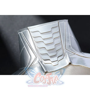 Latverian Witch cosplay costume frames the neck with overlapping silver-tone faux leather plates and precise stitching lines.