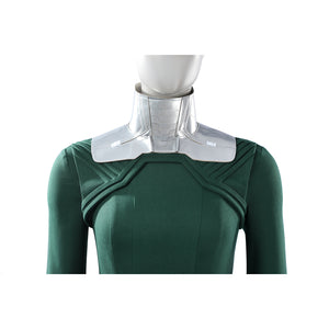 Latverian Witch cosplay costume frames the green dress with a structured silver-tone faux leather high neck collar piece.