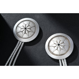 Latverian Witch cosplay costume frames two circular star emblems connected to detailed metallic silver-tone braided cords.