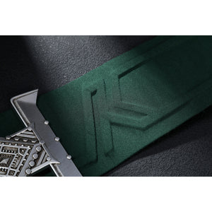 Latverian Witch cosplay costume traces a textured green waist cincher layered with a metallic engraved collar piece.