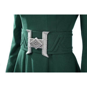 Latverian Witch cosplay costume centers green waist cincher with textured detail and silver-tone metallic buckle.