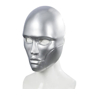 Latverian Witch cosplay mask centers smooth silver-tone glossy finish mask with deep eye openings and sculpted cheek lines.