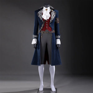 COSFUN Lies of P Pinocchio cosplay costume layers a navy coat over a red vest and ruffled white shirt