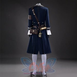 Lies of P Pinocchio cosplay costume back view sets a long navy coat over gray pants and a belted pouch