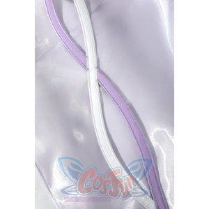 Genshin Impact Citlali cosplay strap detail crosses sheer lavender fabric with pale trim.