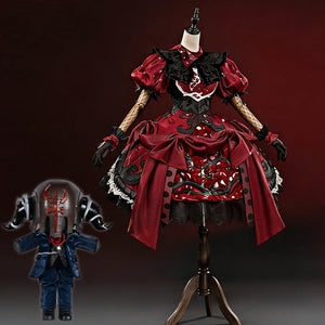 Identity V Little Girl cosplay red Gothic Lolita dress with puffed sleeves, black lace trim, and polka dot skirt on mannequin, and a doll