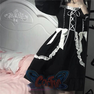 Lolita Long-Sleeved Gothic Skirt Dark Maid Dress Kawaii Waist Bow Girl Costumes