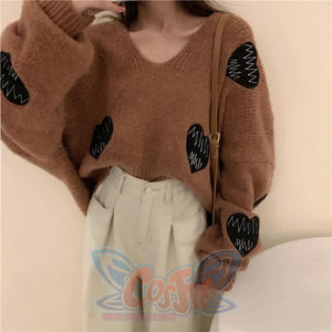 Love Heart Embroidery Ecg Loose Sweater Mp005940 Brown / One Size Sweatshirt